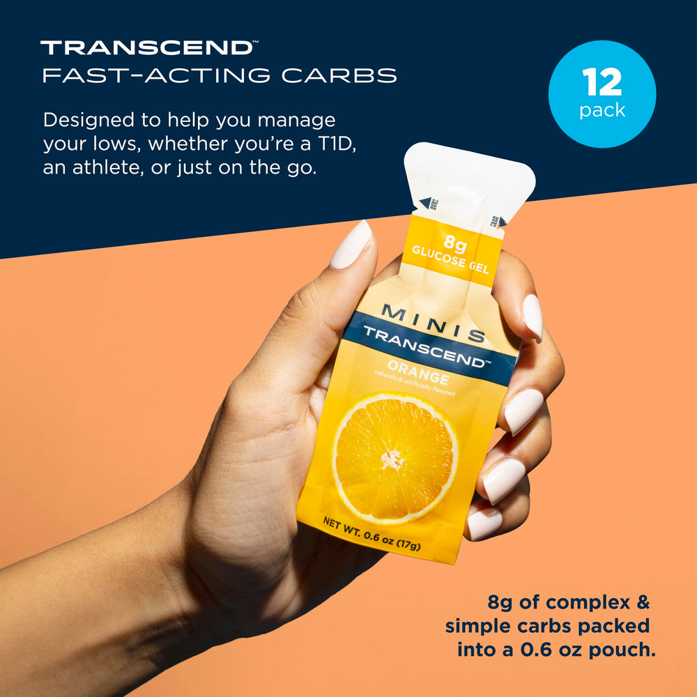 Close-up of Transcend mini orange gel texture in portable pack for quick energy on workouts