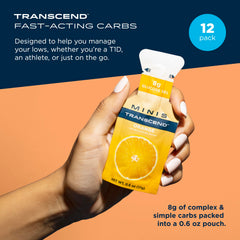 Close-up of Transcend mini orange gel texture in portable pack for quick energy on workouts