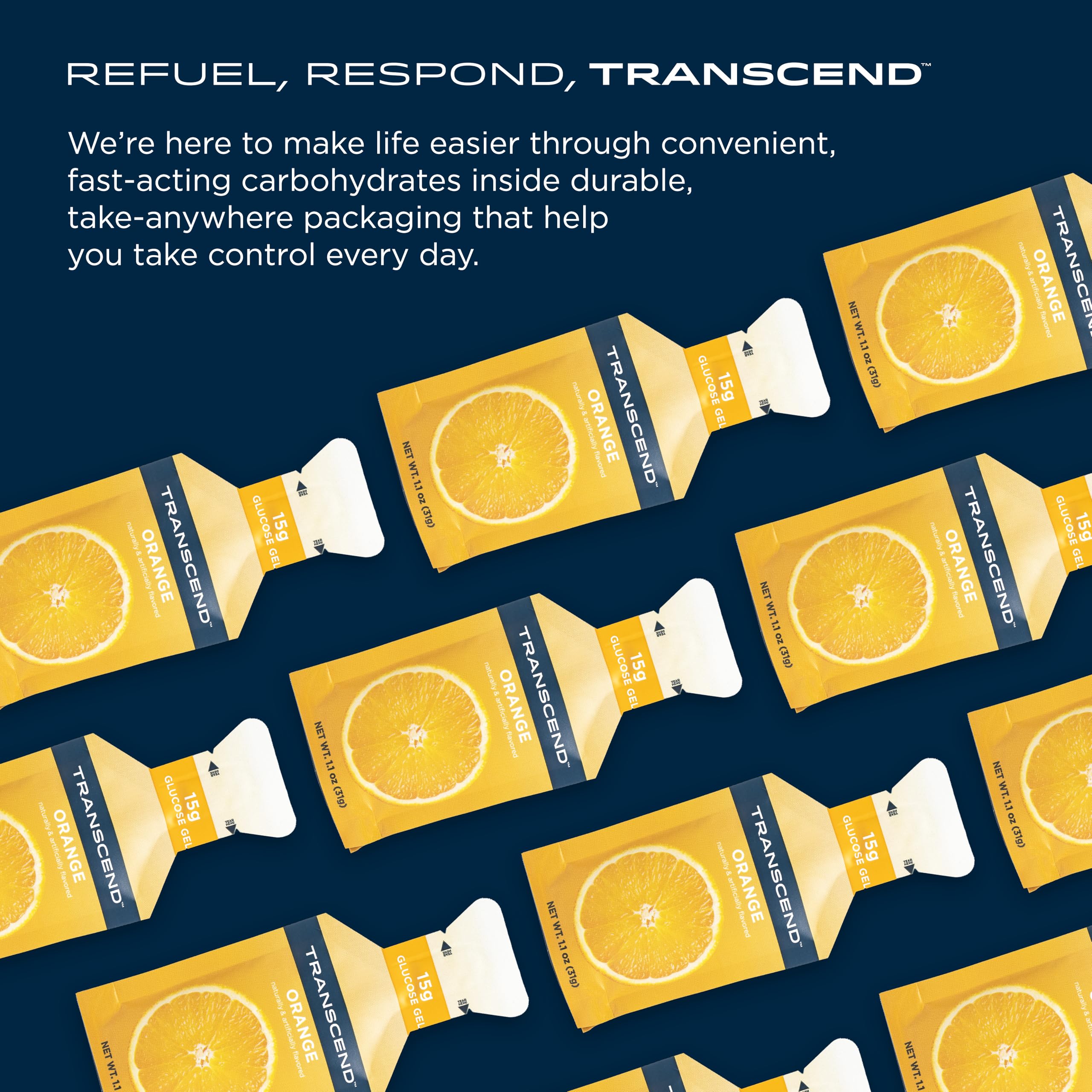 Transcend Orange Gel label highlights gluten-free and caffeine-free features.