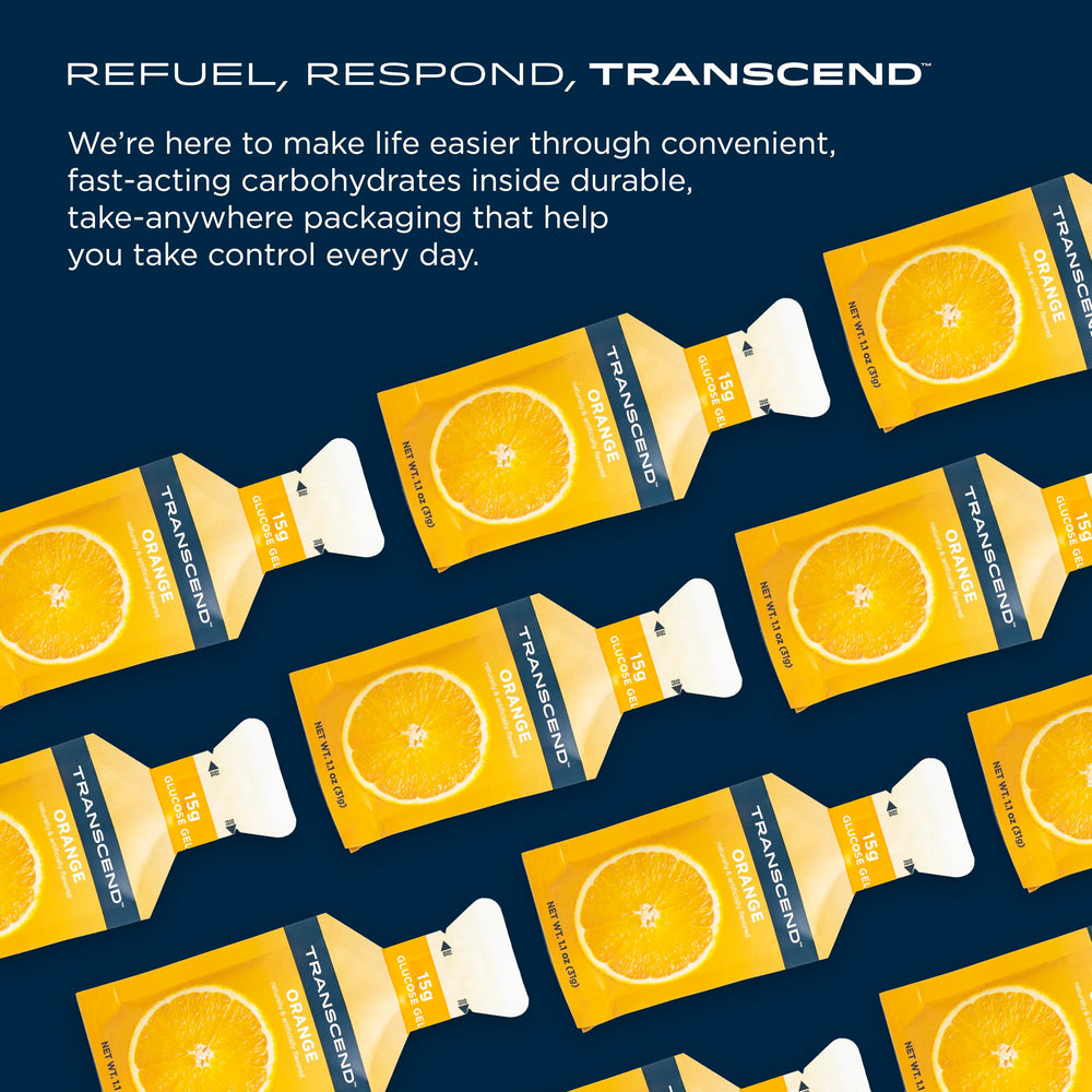 Transcend Orange Gel label highlights gluten-free and caffeine-free features.