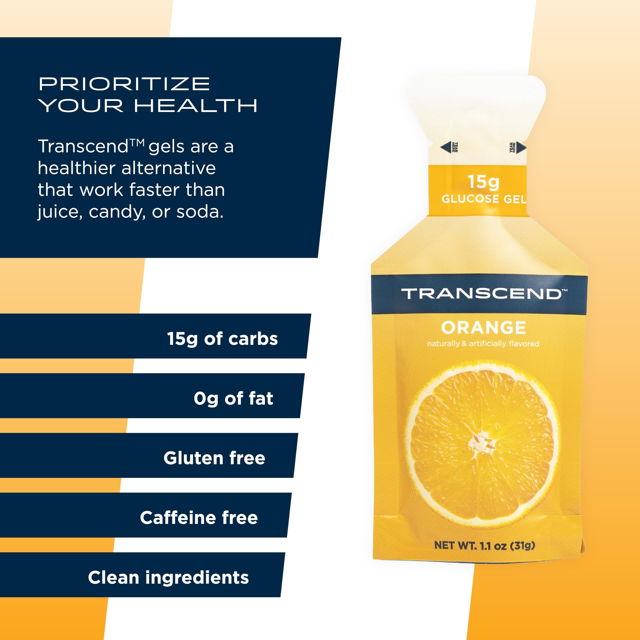 Transcend Orange Gel opening pouch demonstrates user-friendly packaging.