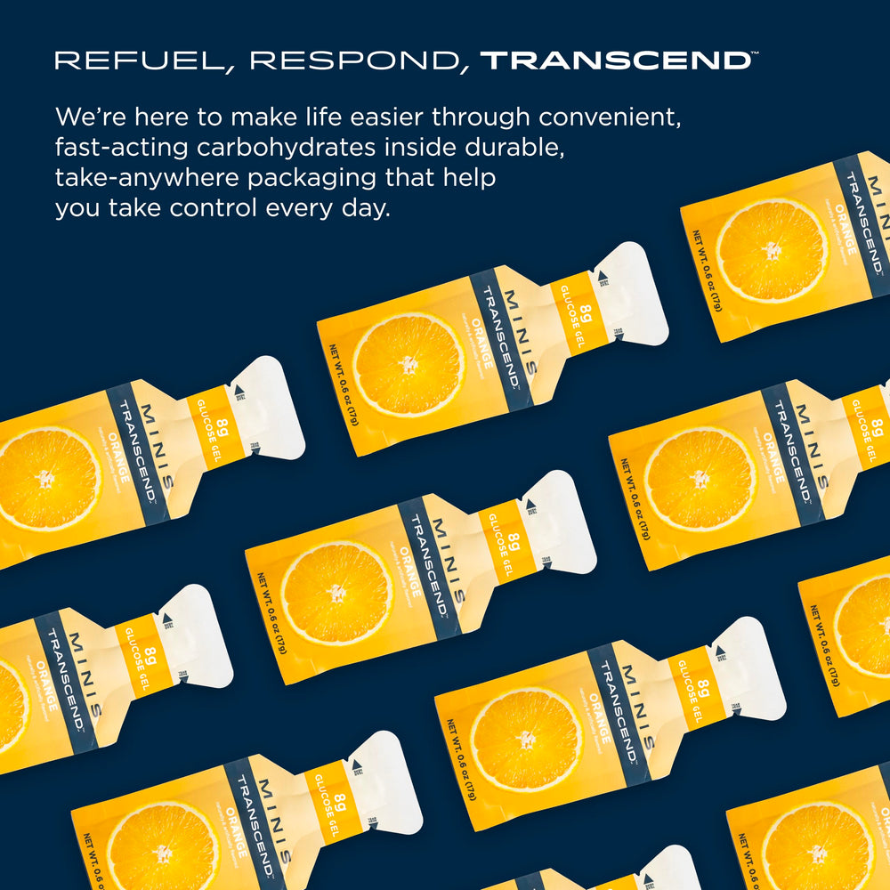 Transcend orange gel packaging highlighting caffeine-free and gluten-free benefits