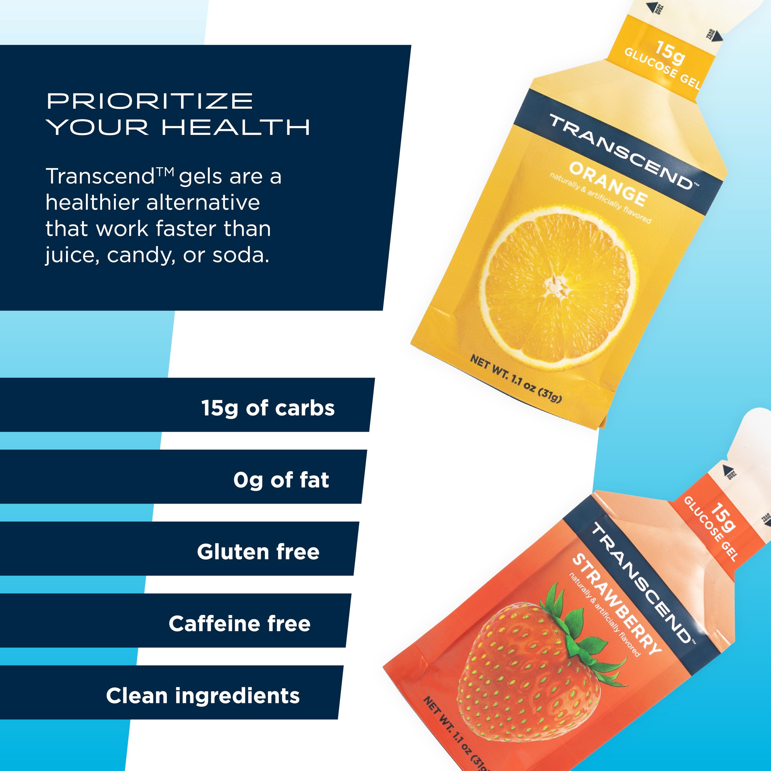 Transcend orange gel sachet close-up, citrus flavor and fast-acting energy on busy days.
