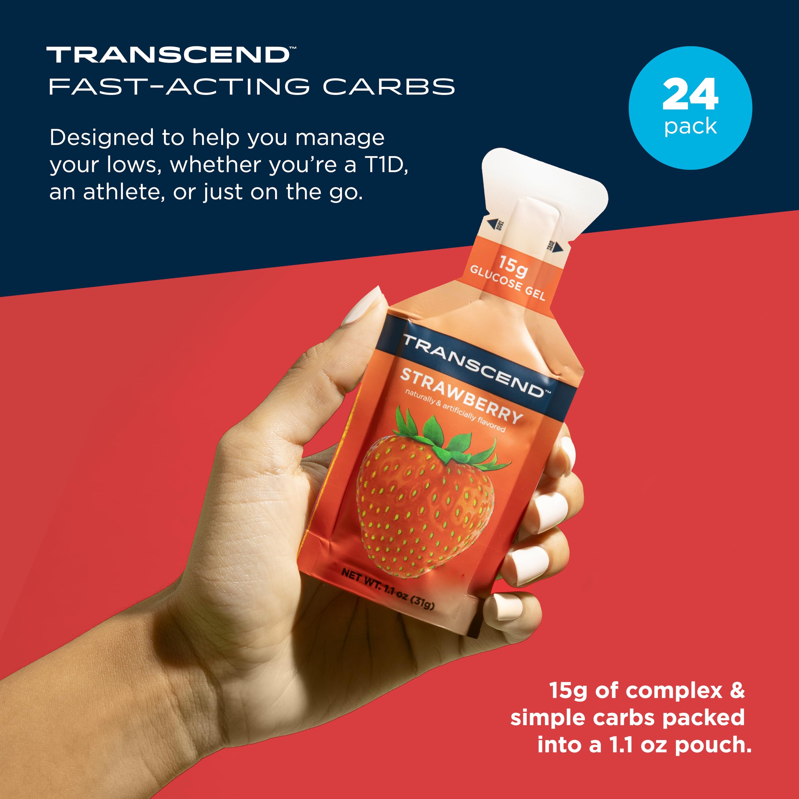 Close-up of Transcend label highlighting strawberry flavor and caffeine-free formula