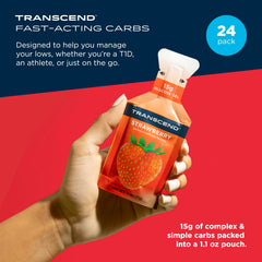 Close-up of Transcend label highlighting strawberry flavor and caffeine-free formula