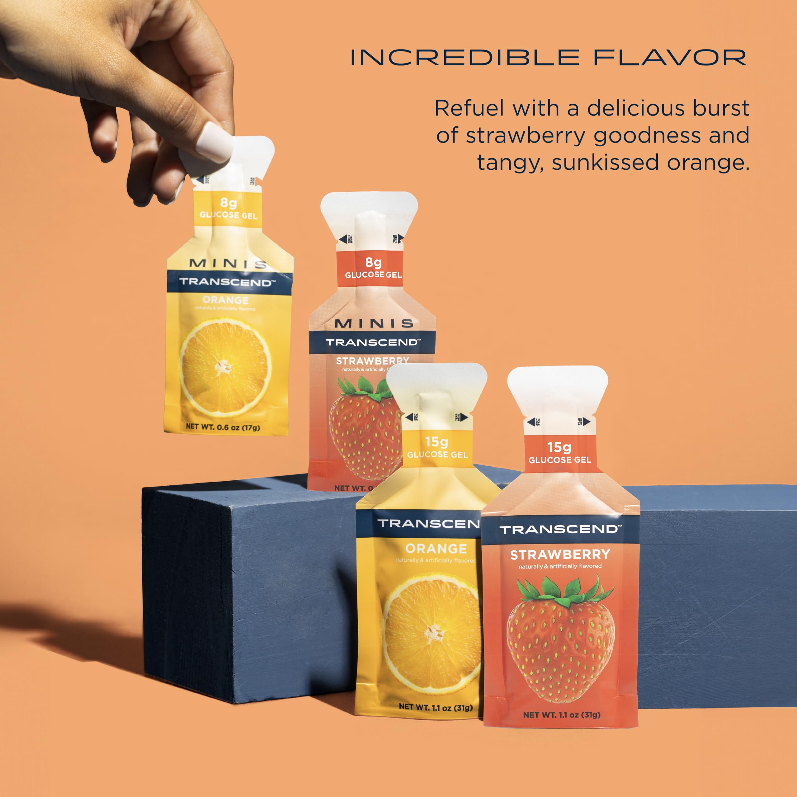 Transcend strawberry gel sachet close-up, strawberry flavor for quick energy during runs.