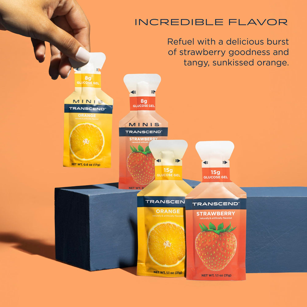 Transcend strawberry gel sachet close-up, strawberry flavor for quick energy during runs.