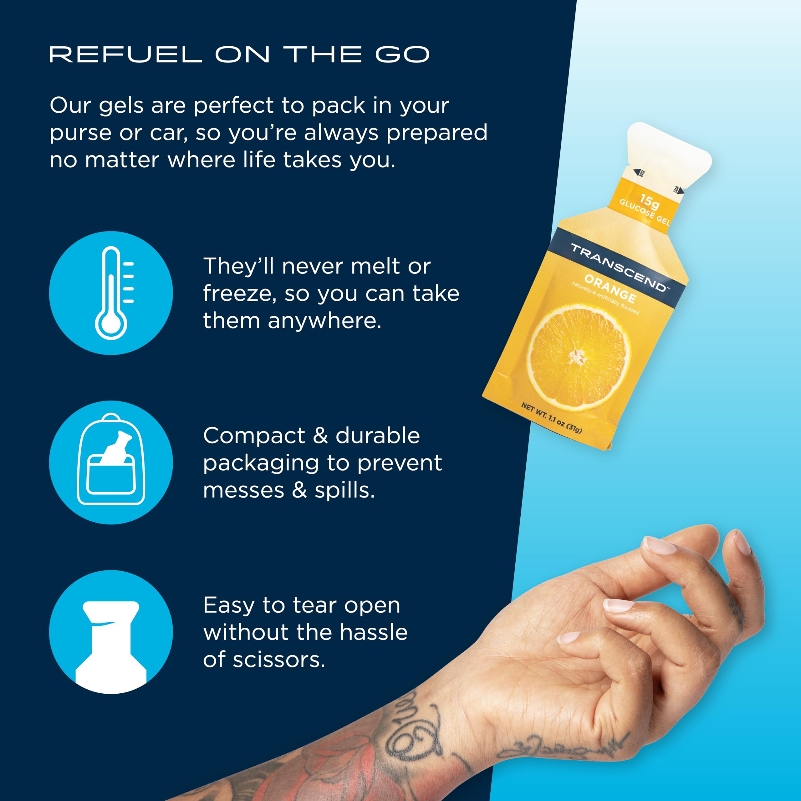 Transcend gels gluten-free badge on packaging, suitable for gluten-conscious athletes.