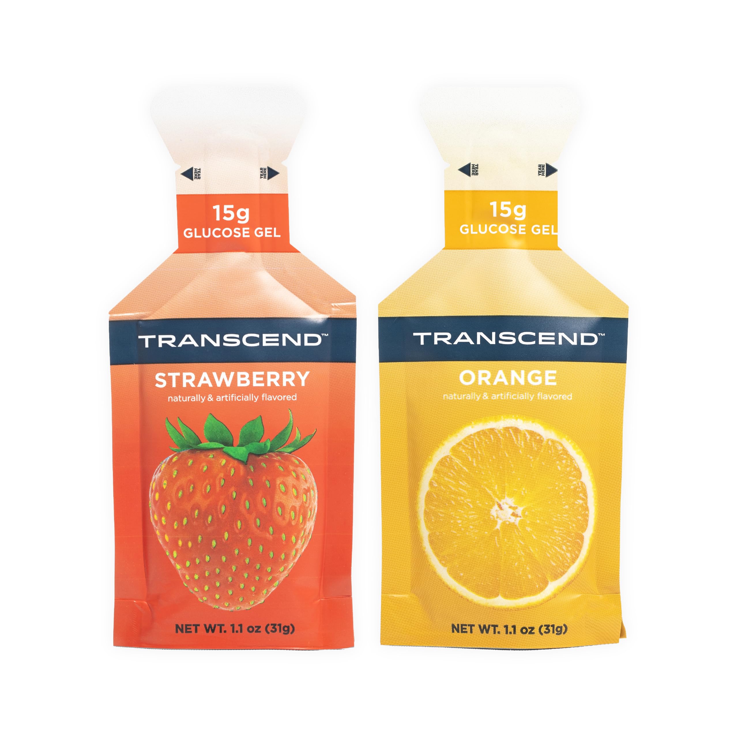 Transcend strawberry orange gels pack front, a convenient energy boost for training.