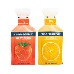 Transcend strawberry orange gels pack front, a convenient energy boost for training.