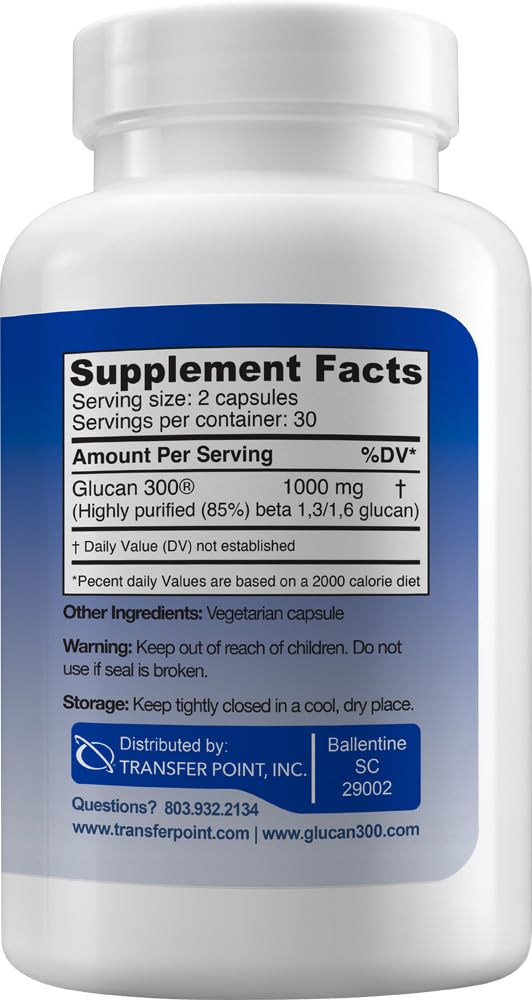 Closeup of Transfer Point beta-glucan capsules emphasizing purity.