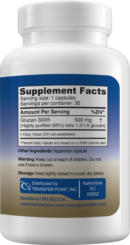 Transfer Point beta-glucan capsules packaging highlights clean ingredients and vegan, GMO-free label