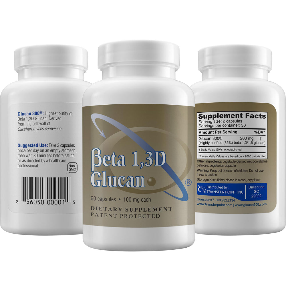 Transfer Point capsule blister pack closeup showcasing pure beta glucan formula