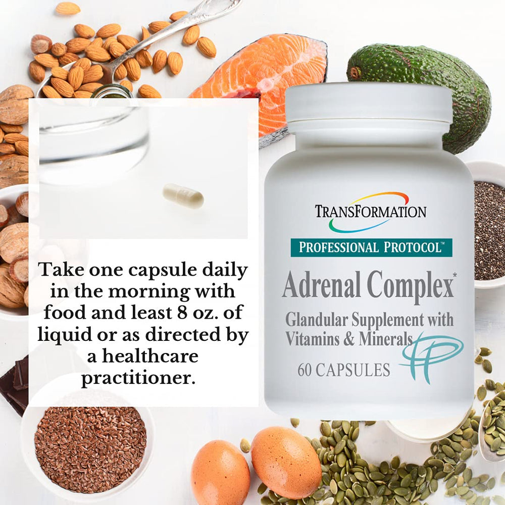 Transformation Adrenal Complex ingredients panel shows synergistic herbs and vitamins