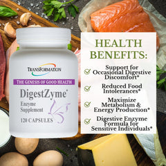 TRANSFORMATION DigestZyme capsules dispensing—easy daily addition to meals for consistent digestion.