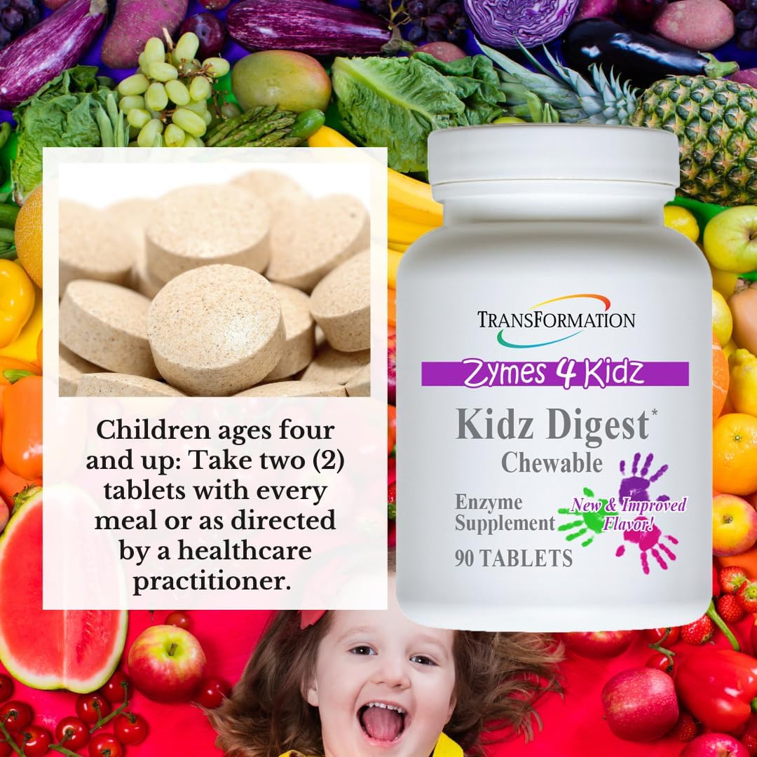 Kidz Digest chewables closeup highlighting non-GMO, allergen-friendly ingredients.