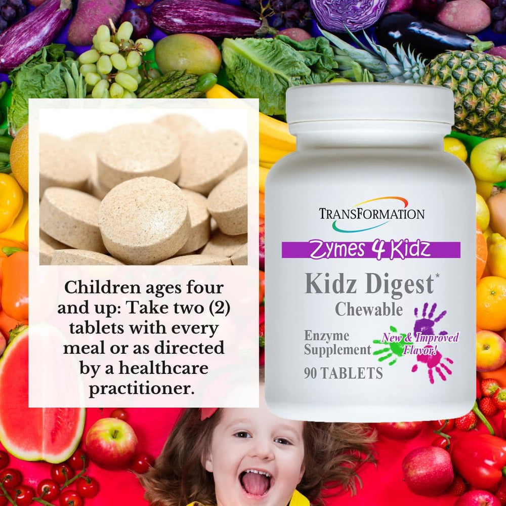 Kidz Digest chewables closeup highlighting non-GMO, allergen-friendly ingredients.
