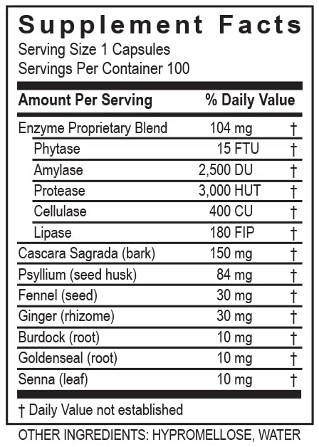 Daily-use ReleaseZyme bottle on counter for routine digestion support.