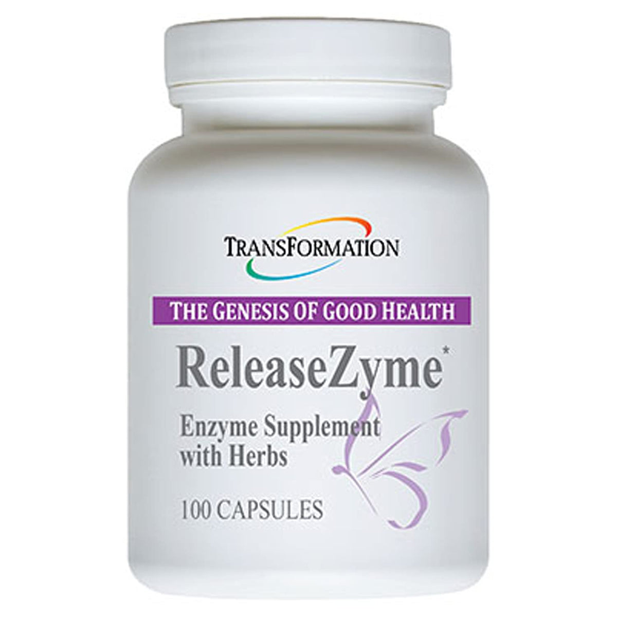 TRANSFORMATION ReleaseZyme enzymes bottle for digestive support and protein breakdown.