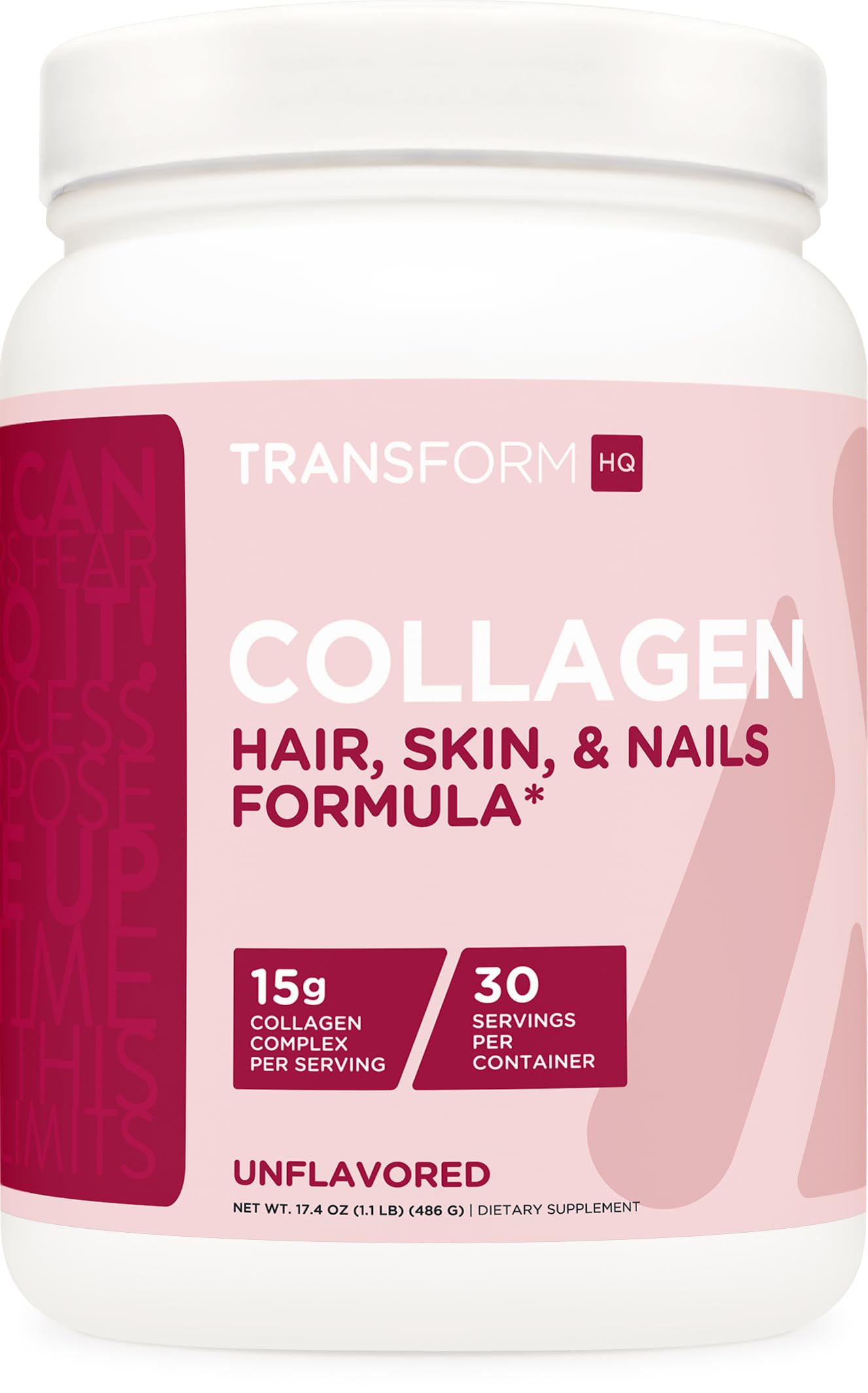 TransformHQ Beauty Collagen unflavored powder with scoop for easy daily mix.