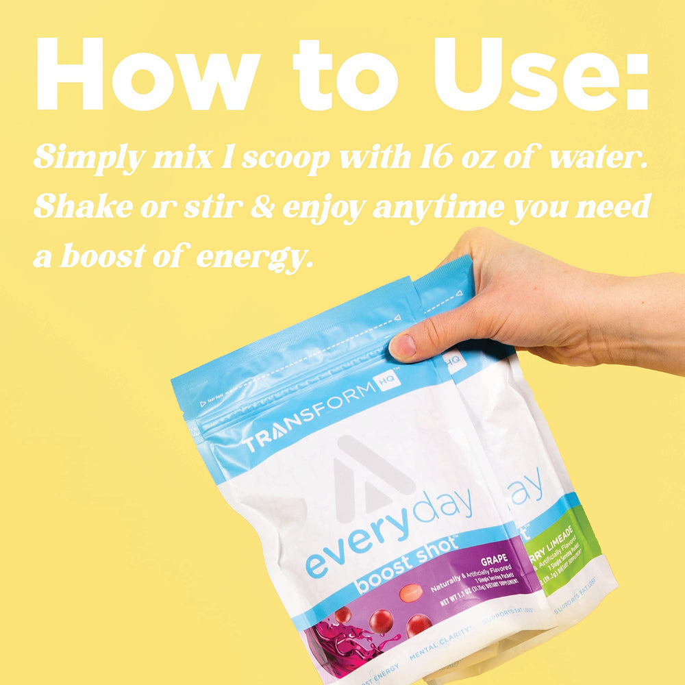 TransformHQ Boost Shot on-the-go stick packet for fast energy.