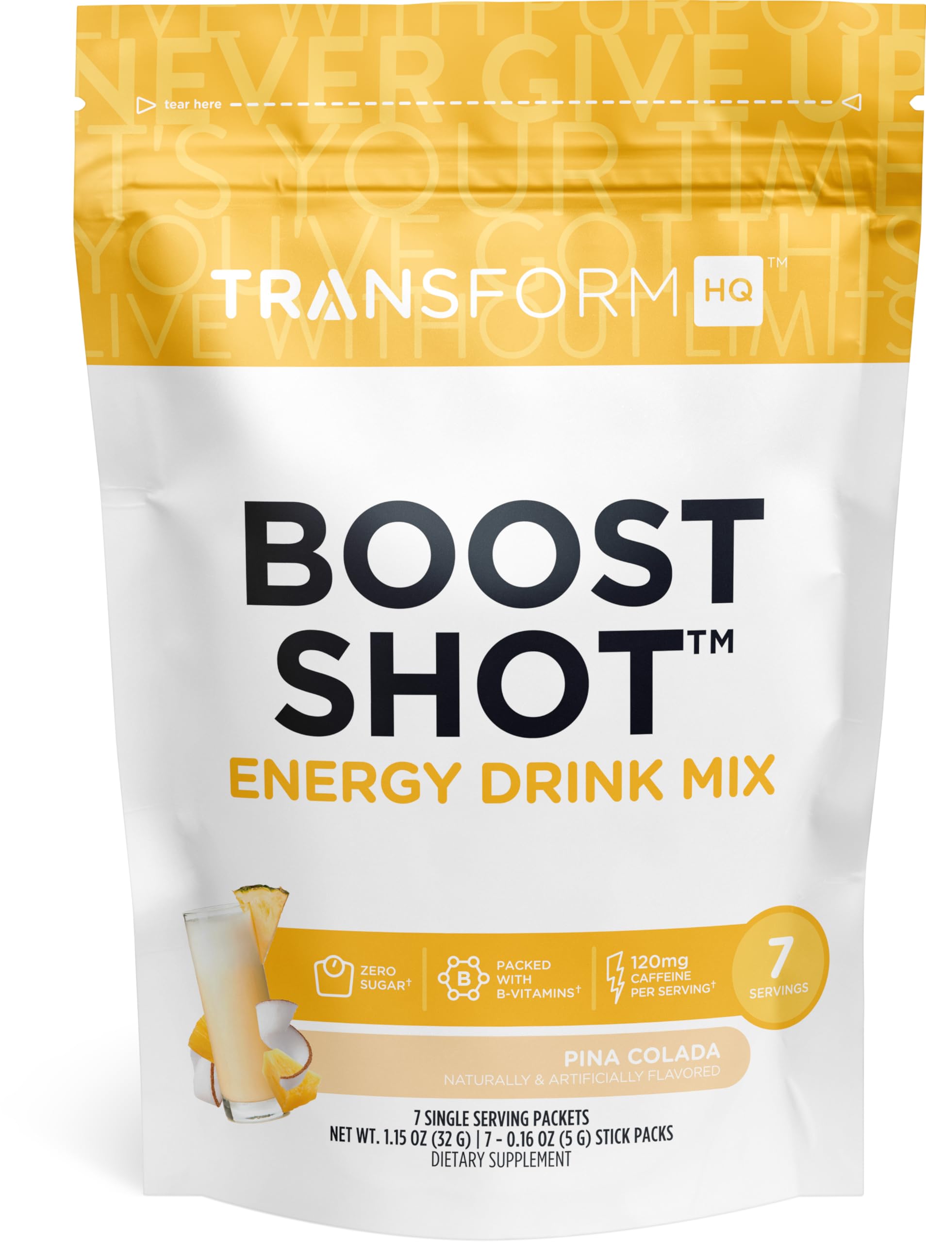TransformHQ Boost Shot Pina Colada packets offering a refreshing energy lift.