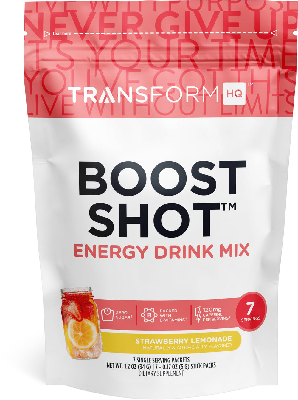 TransformHQ Boost Shot Strawberry Lemonade packet for a quick energy lift.