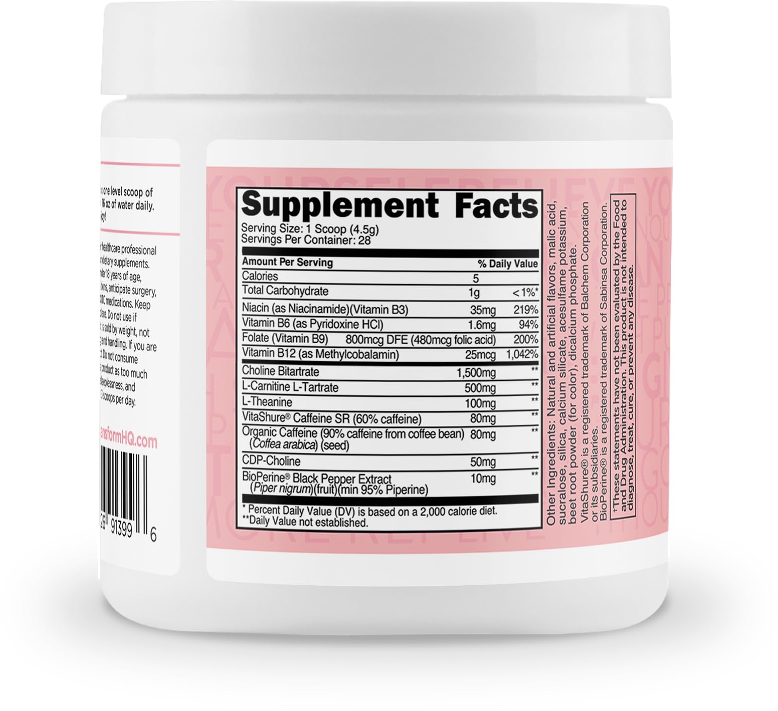 TransformHQ bottle label highlights 28 servings for sustained daily energy