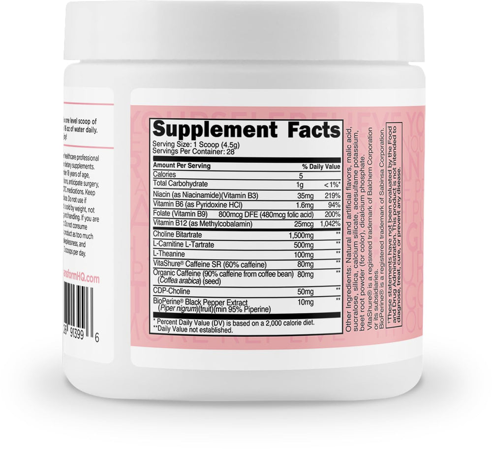 TransformHQ bottle label highlights 28 servings for sustained daily energy