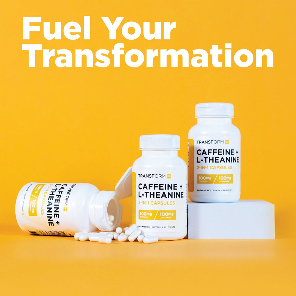 TransformHQ glass of water beside capsules for on-the-go focus.