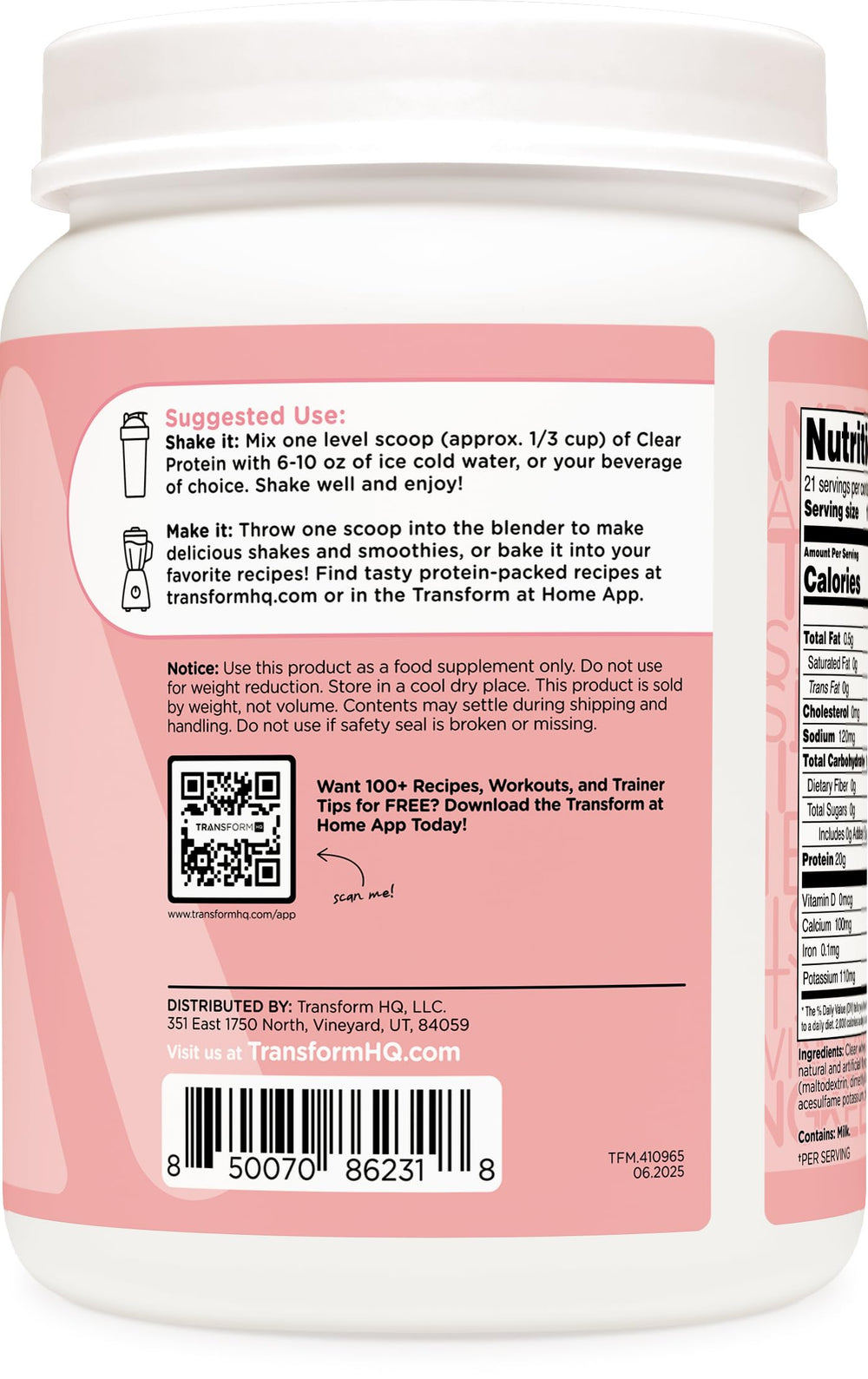 TransformHQ Clear Protein Cotton Candy bottle emphasizes low-calorie, zero-added-sugar protein support.