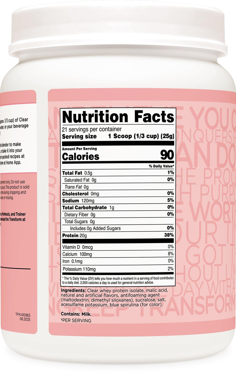 TransformHQ Clear Protein Powder Cotton Candy pour shows a clear, light texture ideal for on-the-go hydration.