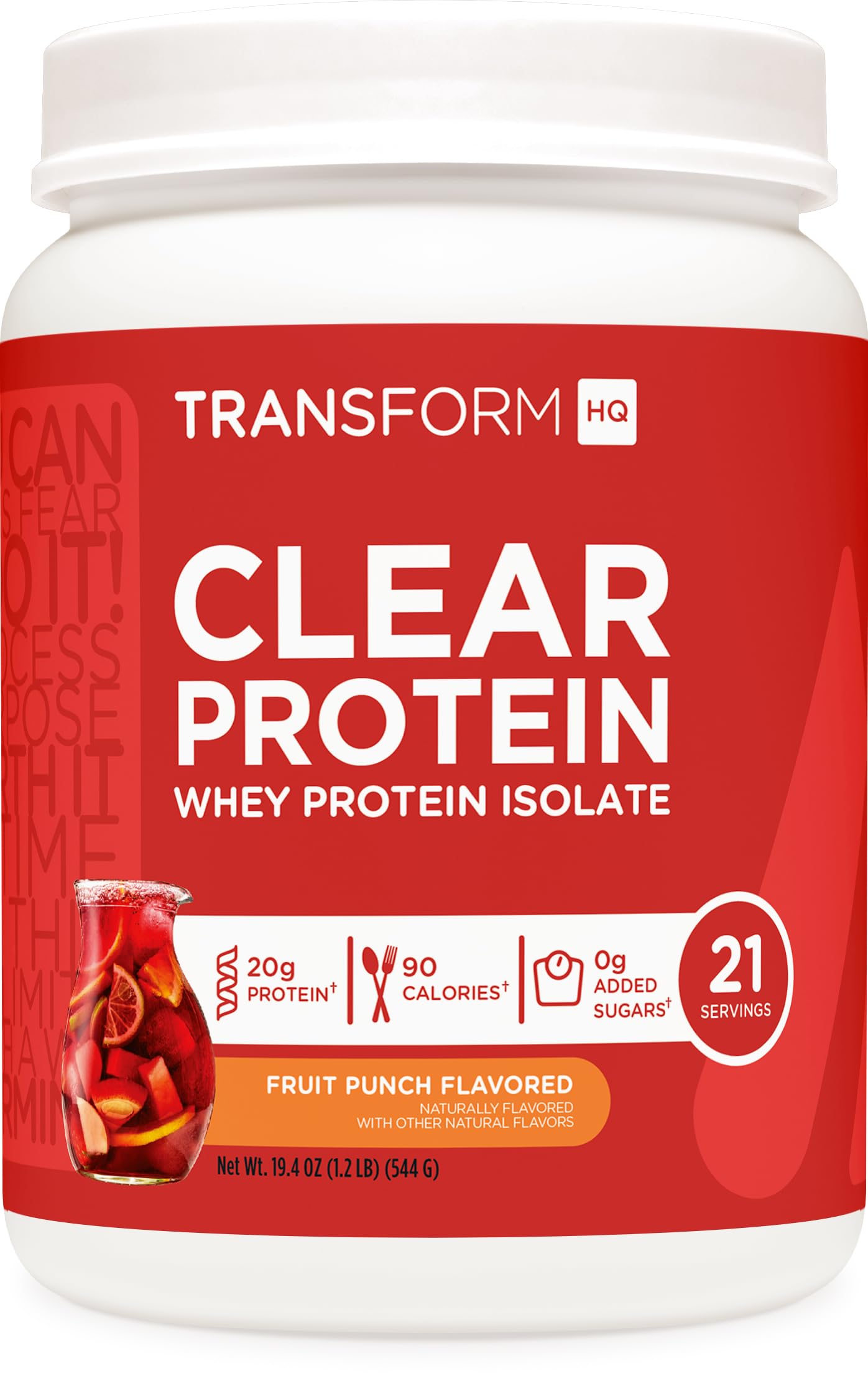 TransformHQ Clear Protein Powder Fruit Punch tub displaying 21 servings for everyday fueling