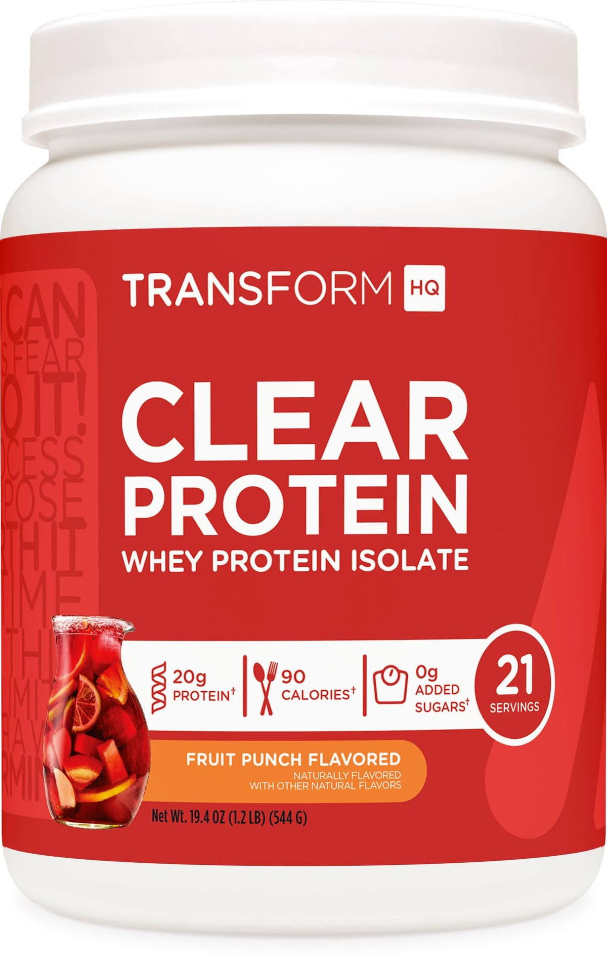 TransformHQ Clear Protein Powder Fruit Punch tub displaying 21 servings for everyday fueling