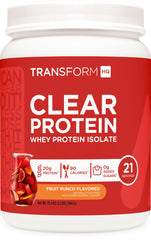 TransformHQ Clear Protein Powder Fruit Punch tub displaying 21 servings for everyday fueling