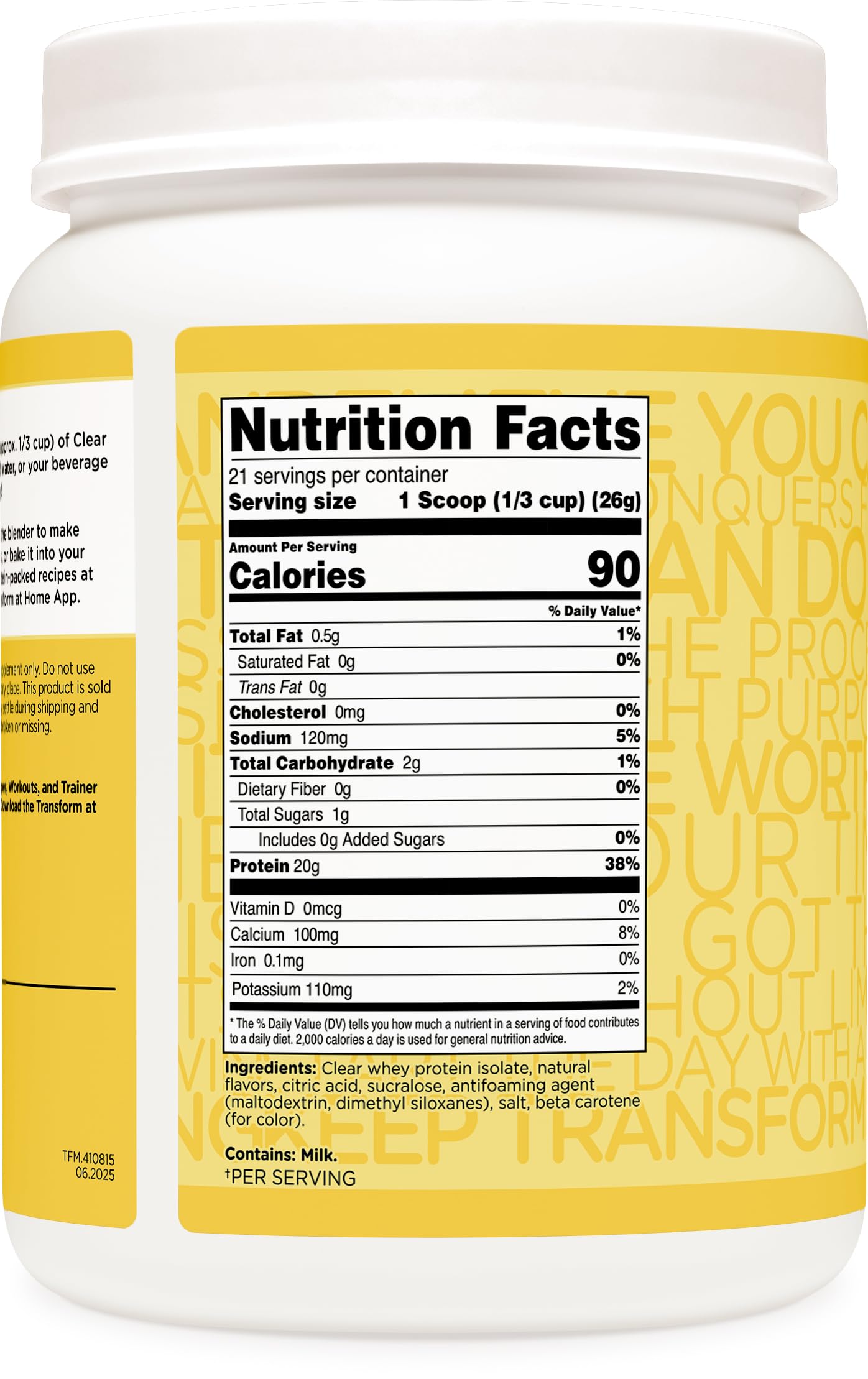 Close-up of TransformHQ Clear Whey Lemonade label showing 20 g protein per serving.