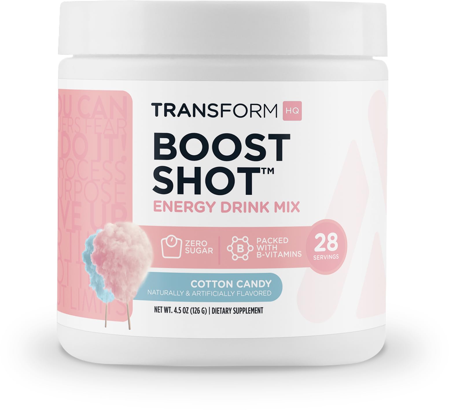 TransformHQ Energy & Focus Powder cotton candy bottle shows jitter-free energy