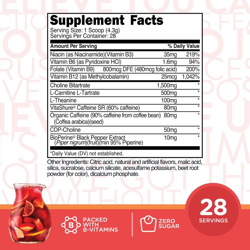 TransformHQ Energy & Focus Powder Fruit Punch scoop; precise serving for consistent energy.