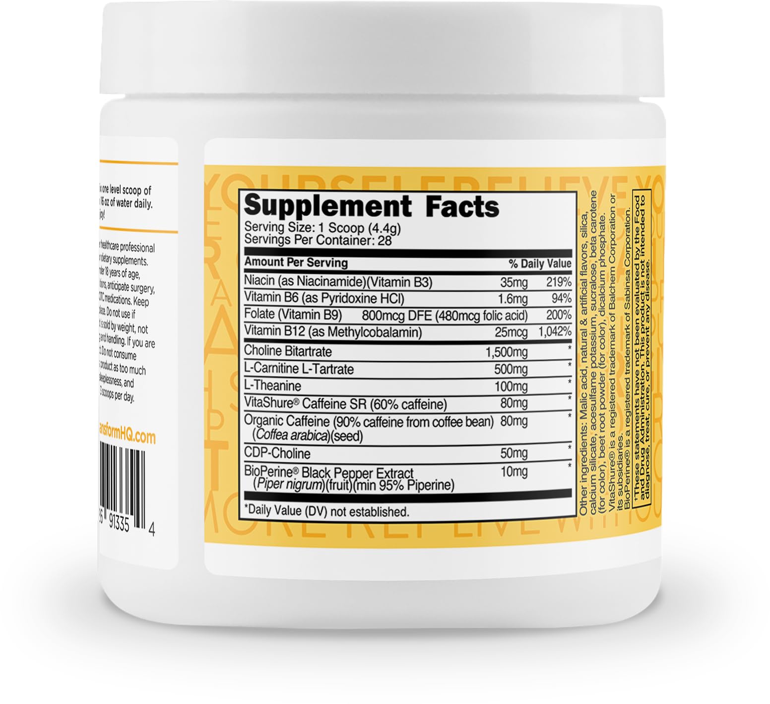 TransformHQ ingredients label highlights PurCaf and VitaShure