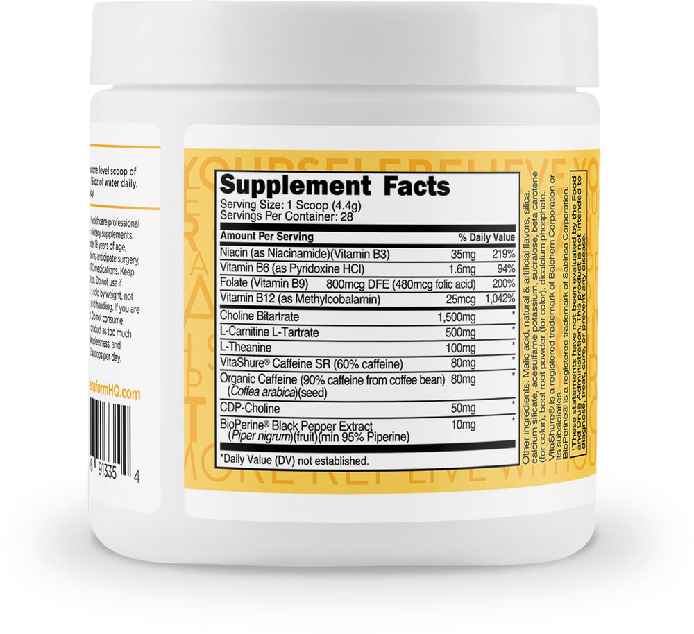 TransformHQ ingredients label highlights PurCaf and VitaShure