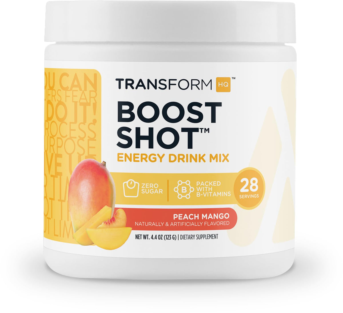 TransformHQ Energy & Focus Peach Mango canister delivering a clean energy lift