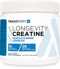 TransformHQ healthy aging creatine bottle showing 28 servings for daily use