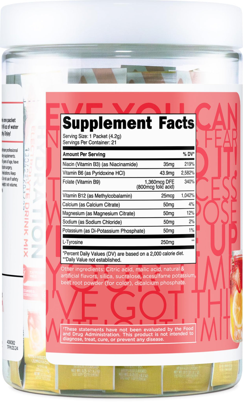 TransformHQ Hydration Drink Mix ingredients reveal electrolytes and vitamins.
