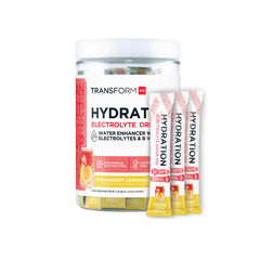 TransformHQ Hydration Drink Mix packet in strawberry lemonade ready to mix.