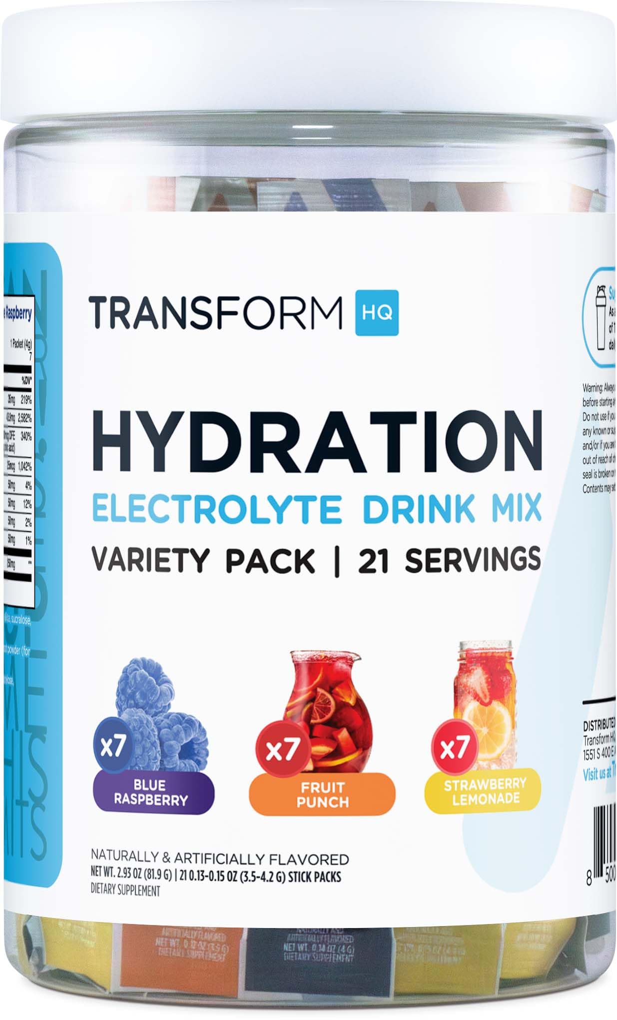 TransformHQ blue raspberry hydration packets ready for on-the-go use