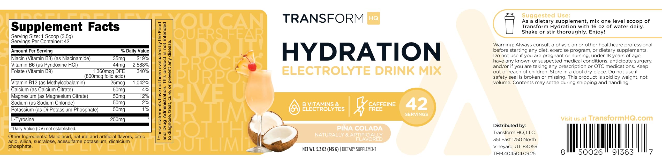 Shaker-ready mix of TransformHQ Hydration Pina Colada for quick refuel.