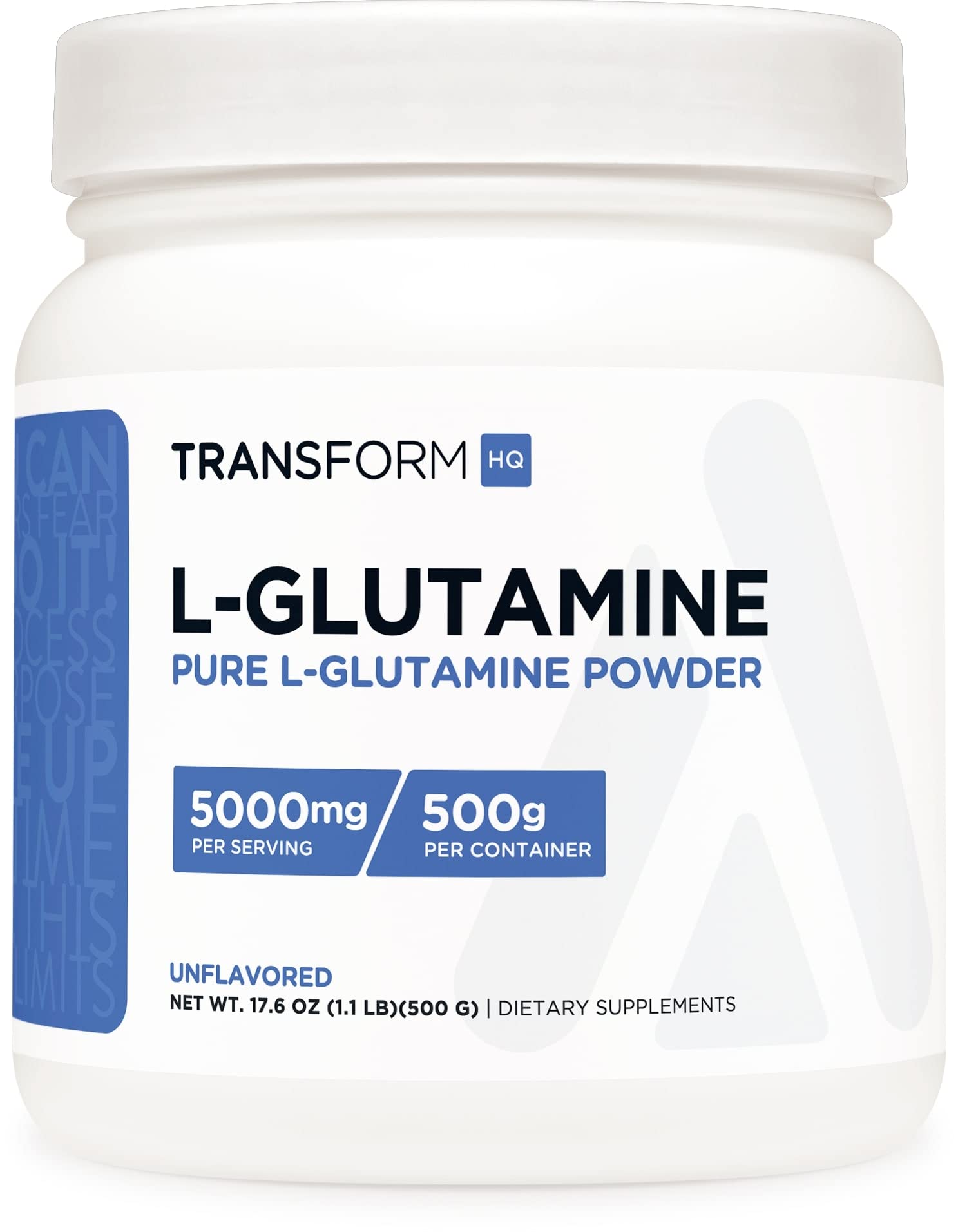 TransformHQ L-Glutamine powder bottle front view, ready for daily supplementation.