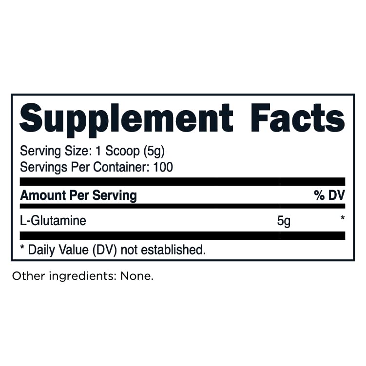 TransformHQ L-Glutamine bottle label close-up showing gluten-free, non-GMO quality.