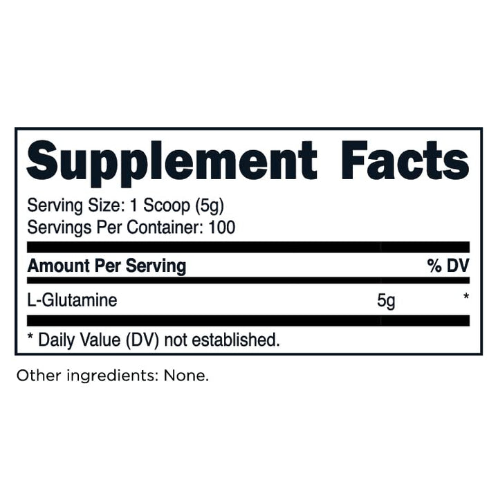 TransformHQ L-Glutamine bottle label close-up showing gluten-free, non-GMO quality.