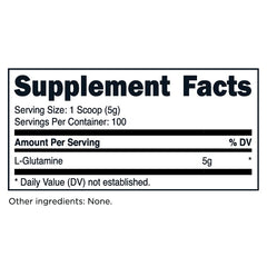 TransformHQ L-Glutamine bottle label close-up showing gluten-free, non-GMO quality.